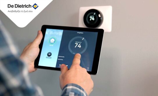 Man is Adjusting a temperature using a tablet with smart home a